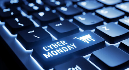 Dive into the biggest online sale of the year with this glowing blue keyboard featuring a special "Cyber Monday" key with a shopping cart icon perfect for tech ads
