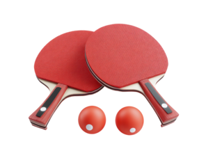 Two red ping pong paddles and two balls