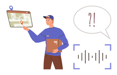 Male courier holding a parcel, pointing at a map with location pin, confused speech bubble, and soundwave. Ideal for delivery, logistics, apps, navigation, communication problems customer service