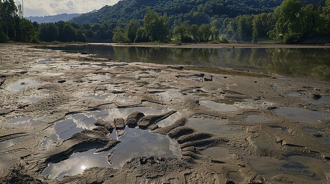 Ancient dinosaur tracks gradually revealed by receding floodwaters, ghostly imprints of prehistoric giants on a sunlit mudflat --ar 16:9 --style raw --v 6.0 --c 30 --s 25