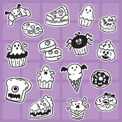 cute halloween cafe desserts and spooky sweets in cartoon doodle style with ghost cupcakes, monster donuts, and pumpkin pies on purple background, perfect for party or menu design