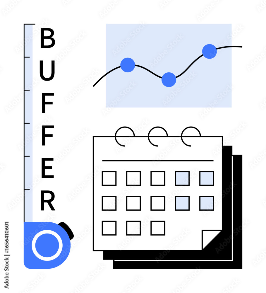 Poster calendar with highlighted dates, growth chart with progress line, and vertical buffer gauge. ideal f