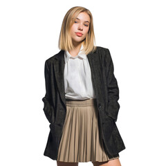 confident young woman stands, looking stylish with her hands in her pockets isolated on white background