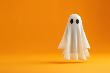 Minimal halloween ghost figure with white sheet and black oval eyes on bright orange background spooky festive decoration concept simple design