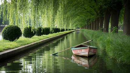 Serene Rowboat in Tranquil Canal Garden Scene