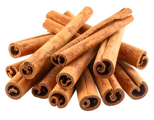Cinnamon Sticks: Aromatic cinnamon sticks artfully arranged in a pile. perfect for illustrating recipes or culinary themes, evoking warmth and flavor.