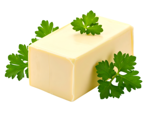 A Buttery Delight: A fresh, meticulously captured studio shot of a perfect butter block adorned with vibrant parsley sprigs, exuding a sense of culinary finesse and rustic simplicity.