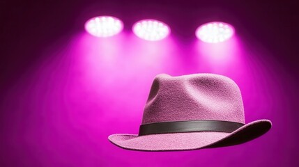 A stylish pink hat is suspended against a vibrant purple background illuminated by spotlighting, This image works well for fashion articles, promotional material, or accessories marketing,
