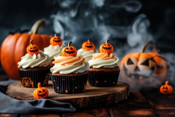 Halloween cupcakes with orange frosting topped with bat and star decorations on wooden table, spooky festive dessert with pumpkins and smoky background