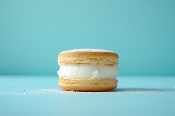 Tiny ice cream sandwich with biscuit detail and creamy layers, placed precisely on a clean powder blue surface