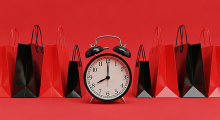A last-minute sale concept with a black alarm clock surrounded by shopping bags on a red background perfect for creating a sense of urgency for special offers