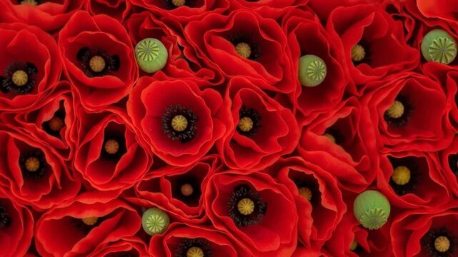 A dense, vibrant cluster of red poppy flowers and green seed pods viewed from above.