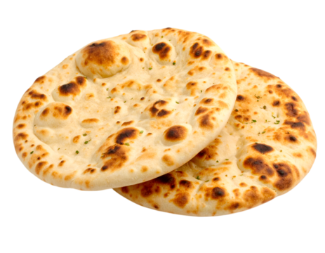Freshly Baked Naan: An inviting close-up captures two golden-brown naan breads, showcasing their soft texture and the enticing char marks that promise a delightful taste.