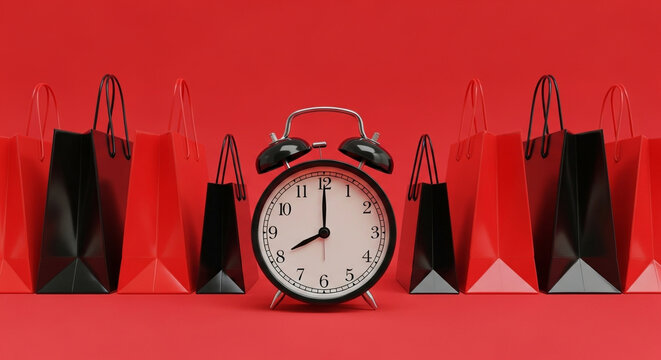 A last-minute sale concept with a black alarm clock surrounded by shopping bags on a red background perfect for creating a sense of urgency for special offers