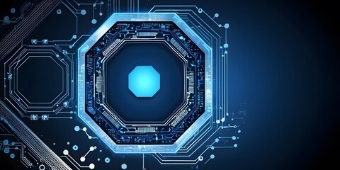 Futuristic Digital Circuit Board with Glowing Blue Hexagonal Core and Complex Electronic Patterns