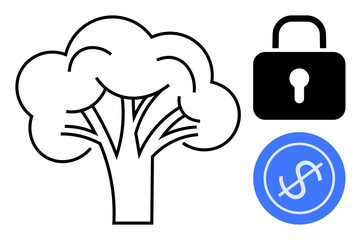 Black tree outline beside a padlock and blue dollar icon. Ideal for finance, security, sustainability, eco-friendliness, conservation, economic growth, fund management, simple flat metaphor