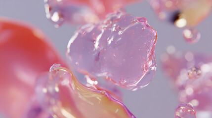 Organic gel-like blobs in translucent pink and purple float with reflective surfaces, creating a surreal and fluid effect