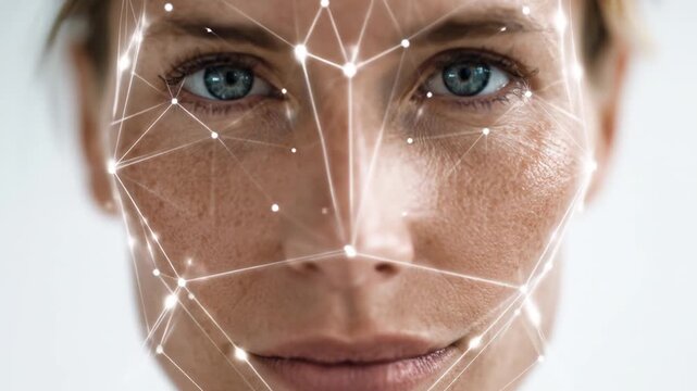 Close-up facial image analysis overlaid with a network of interconnected points and lines, highlighting facial features for identification and recognition.