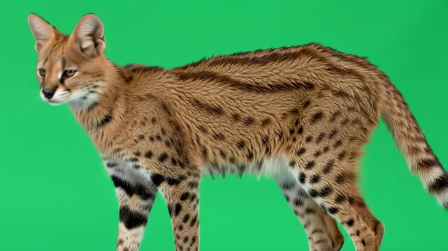 African Serval wild cat standing, isolated on green screen background for easy keying