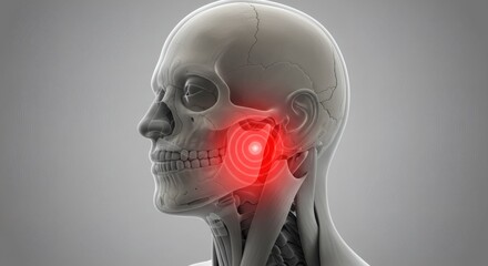 Jaw Pain Skeleton head with red TMJ inflammation with medical 3D render.