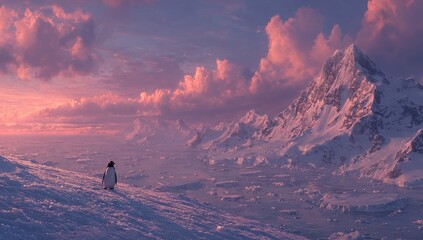 Penguin on snowy mountaintop, dramatic sunset, Antarctic landscape