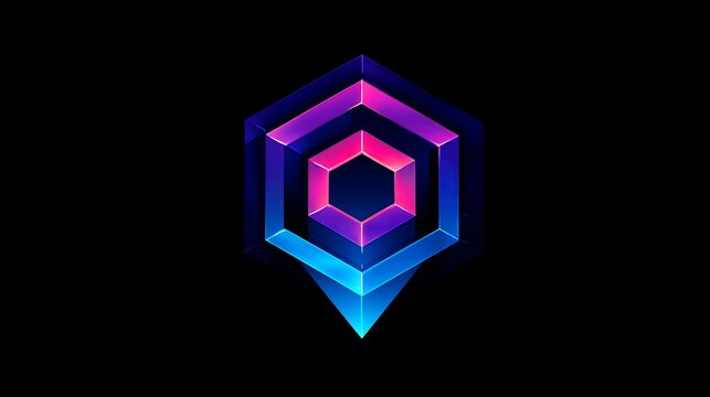 Futuristic, layered neon geometric shape on black. Rendered hexagon with pointed end