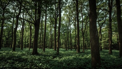 Naklejka premium Lush green forest floor dotted with tall trees.