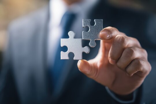 businessman holds in hand a jigsaw puzzle for partnership teamwork, collaborate of partner and alliance or business connection. Business solutions, success and strategy concept.