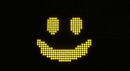 Smiley Face Pixelated Bright Yellow on Dark Backdrop with Joyful Glowing Symbol.