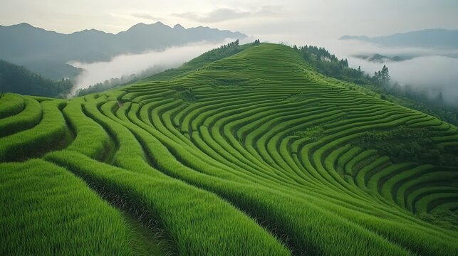 Lush green terraced rice paddies cascade down a hillside, framed by misty mountains in the background, This serene landscape is ideal for travel brochures, nature websites