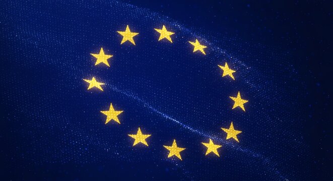 EU Flag Sparkles European Union symbol with golden stars against dark blue.