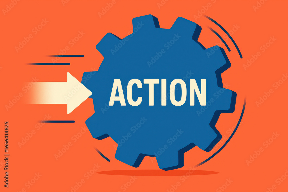 Poster action concept with gear and arrow symbolizing movement and progress