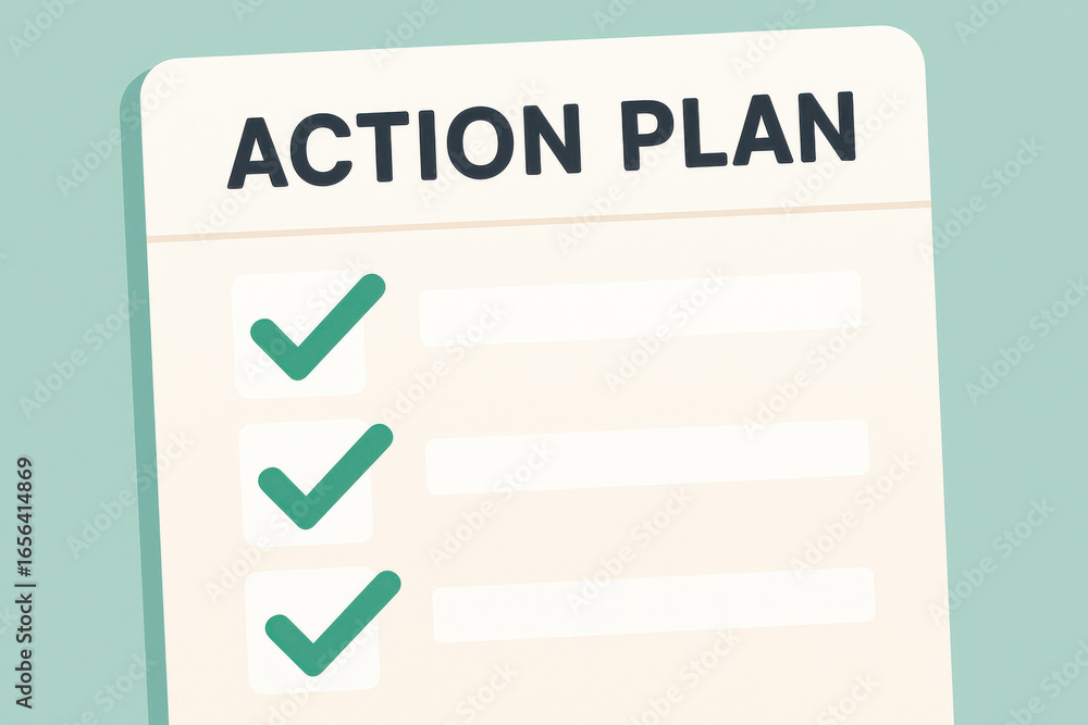 Poster action plan checklist with three completed tasks on paper sheet