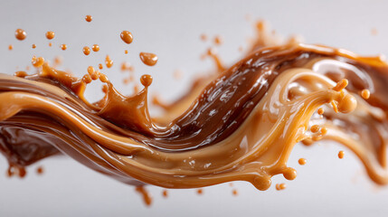 Dynamic wave of caramel and coffee-colored liquid splashing against a light background with droplets  in motion