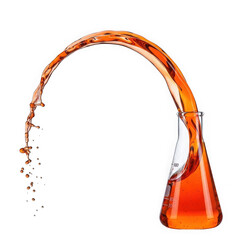 Orange liquid splashing dynamically out of a laboratory flask, isolated on transparent background