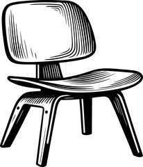 vintage engraved drawing of mid century modern lounge chair with curved wooden seat and angled legs