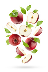 Bright red apples, green leaves levitation as swirl on white background as art composition, whole, half, quarter fruit, isolated, shadow. Summer fruits for advertising, design, label product.