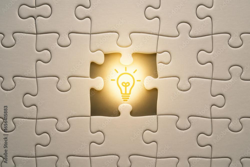 Poster puzzle piece with glowing light bulb symbol in empty space representing idea and solution concept