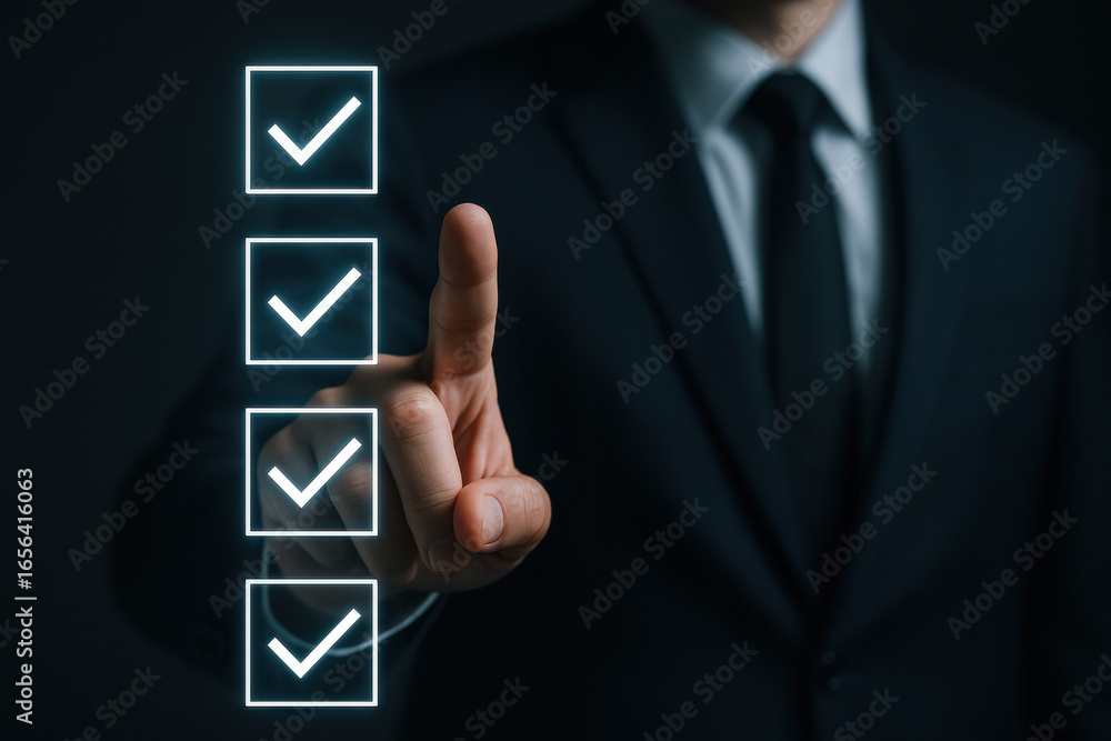 Poster man in suit pointing at checklist with glowing check marks, symbolizing success and completion