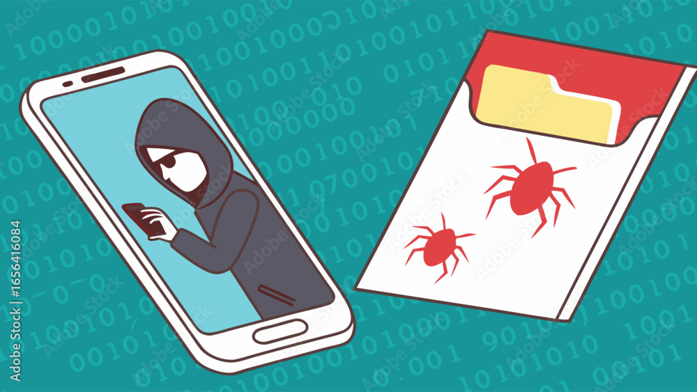 Poster smartphone hacker and computer virus illustration.