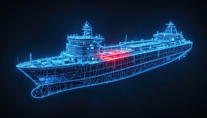 A wireframe model of a cargo ship, showcasing its intricate design with vibrant neon blue and red accents.