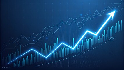 Fototapeta premium Ascending Arrow and Bar Graph Illustration on a Dark Blue Digital Background Showing Development.