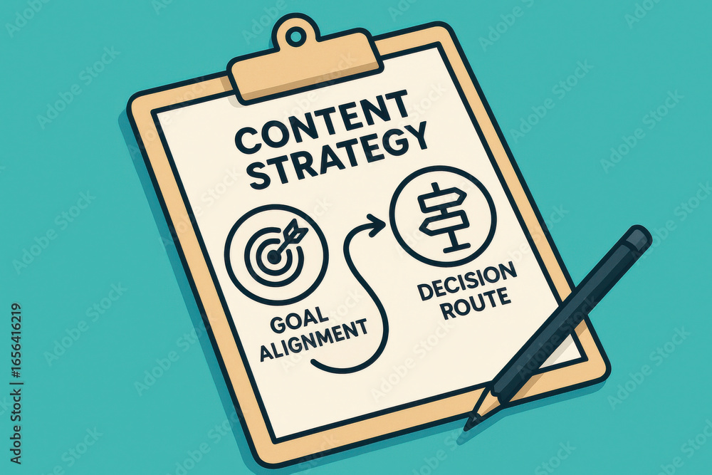 Poster content strategy concept with goal alignment and decision route on clipboard with pen