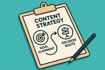 Content strategy concept with goal alignment and decision route on clipboard with pen