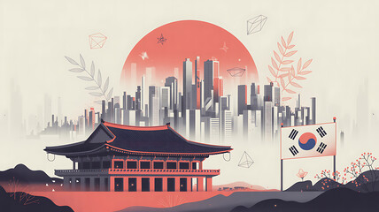 Korean Traditional Palace Cityscape with Flag South Korea