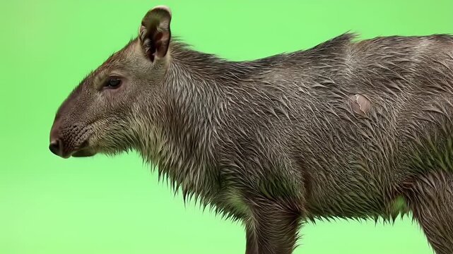 South American Tapir (Lowland Tapir) with Wet Fur Against a Vibrant Green Studio Background in Side Profile