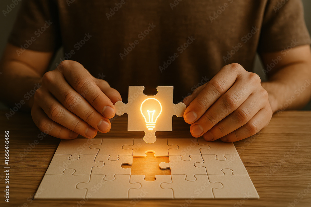 Poster puzzle piece with light bulb symbol being placed in missing spot, symbolizing idea and solution