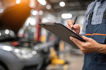 car service and checking concept. Hand of a mechanic holding the tablet for maintenance checklist vehicle, Software for manager check to repair, technology checkup automotive. Customer service concept