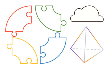 Circular puzzle pieces in primary colors, a minimalist cloud outline, geometric pyramid with subtle shading. Ideal for teamwork, strategy, creativity, learning, innovation, structure solutions