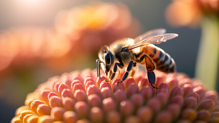Macro photograph of a honey bee on a pink flower insect